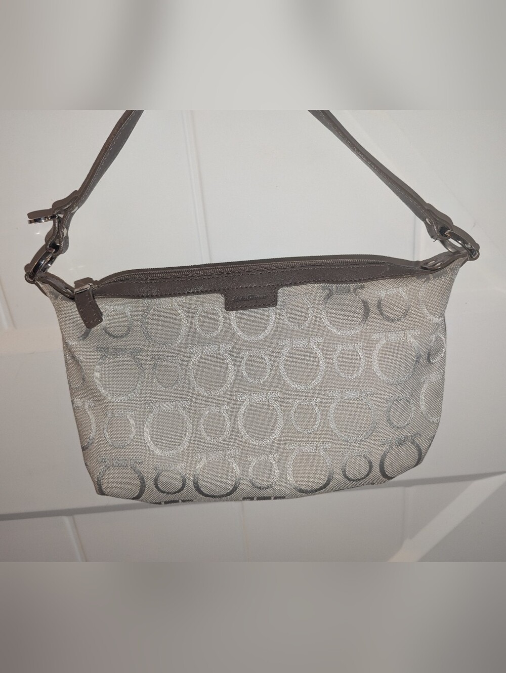 Authentic Salvatore Ferragamo Silver Shoulder Bag Mini (9x6 In.)